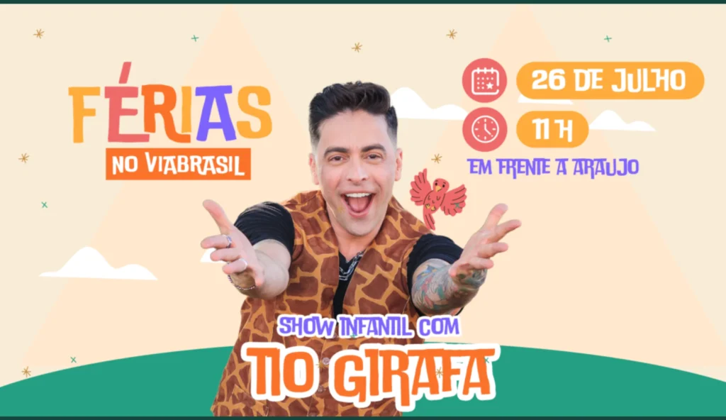 Férias no ViaBrasil Pampulha: diversão gratuita com o Tio Girafa no dia 26 de julho